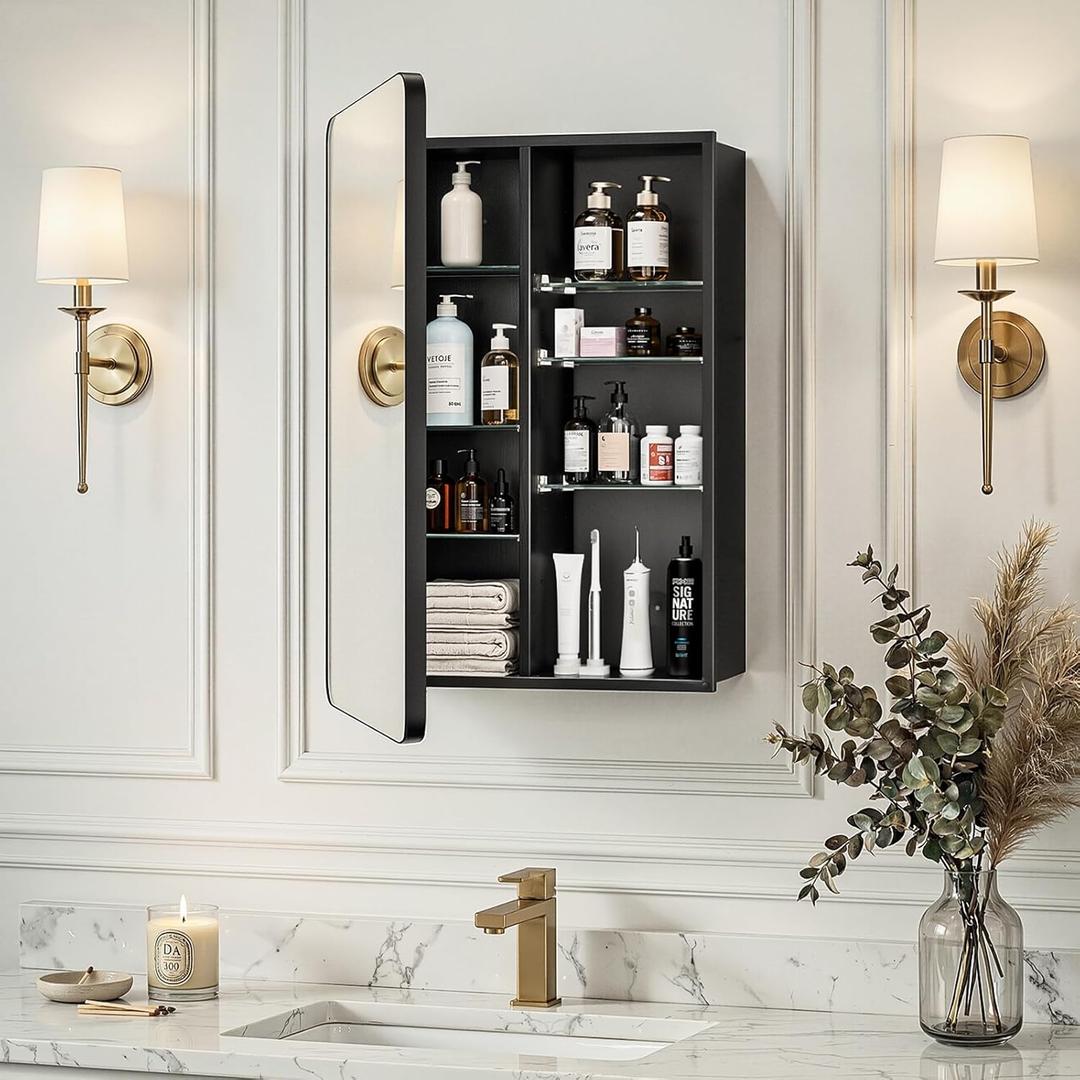 20x26 Inch Bathroom Medicine Cabinet with Mirror, Pre-Assembled Recessed or Surface Mount Wall Organizer, 6 Adjustable & Removable Tempered Glass Shelves, Soft Close DTC, Matte Black