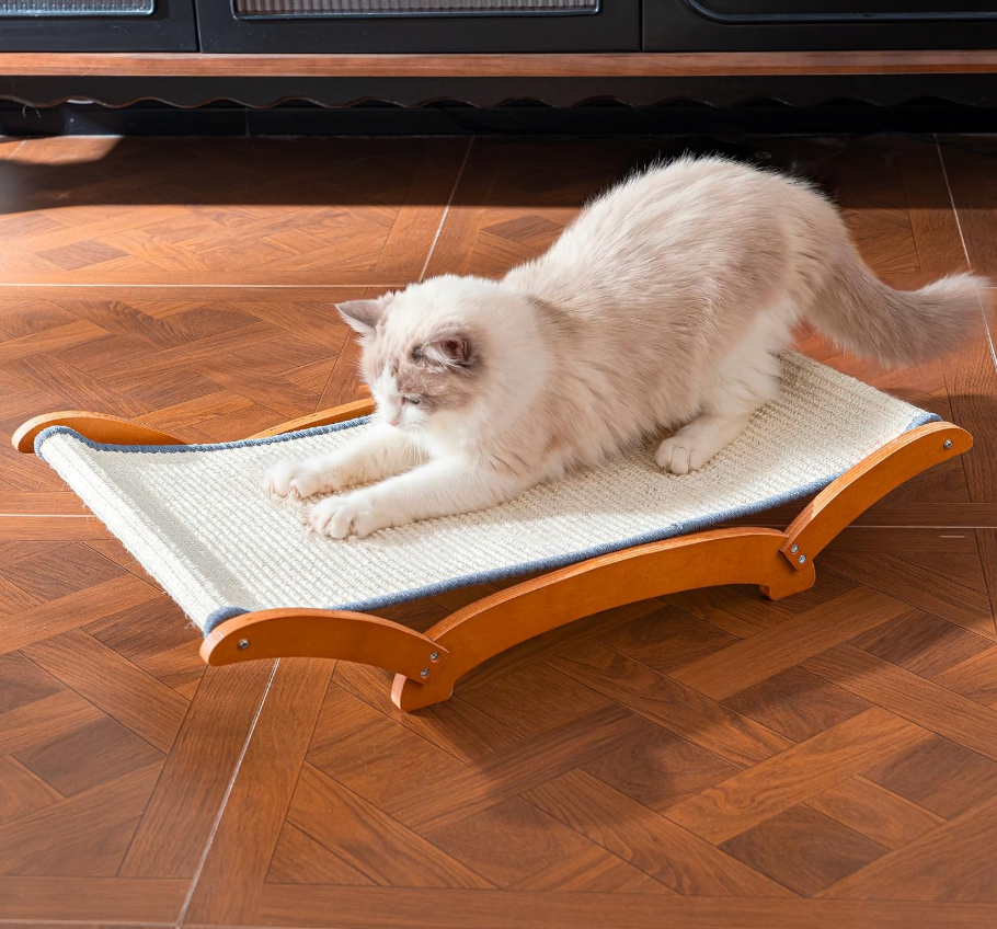 JUNSPOW Sisal Cat Scratcher Bed for Indoor Large Cats Lounger & Sleep, Natural Durable Cat Scratching Hammock Pad Board, Solid Wooden Kitten Chair Furniture Easy Assembly