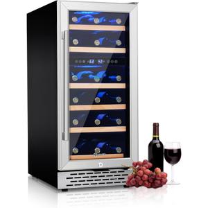 15 Inch Dual Zone Wine Refrigerator, 28 Bottle Under Counter Wine Fridge for Built-In or Freestanding, Wine Cooler with Removable Shelves, Double-Layer Glass Door, for Home, Office (Silver)