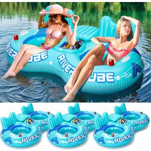 Pcs Inflatable River Tube Float, 2 Person Heavy Duty Pool Float with Built in Cooler, Ergonomic Backrest and Cup Holders for Adults, Lake Water Tubes for Floating Summer Relaxation, 90 x 49"