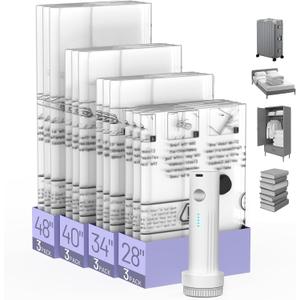 Vacuum Seal Bags For Clothing Travel, 12 Pack Vacuum Storage Bags With Eectric Pump, Carry-on Size Space Saver bag For Moving, Compression Packing Clothes for Luggage Suitcase Backpack Totes White