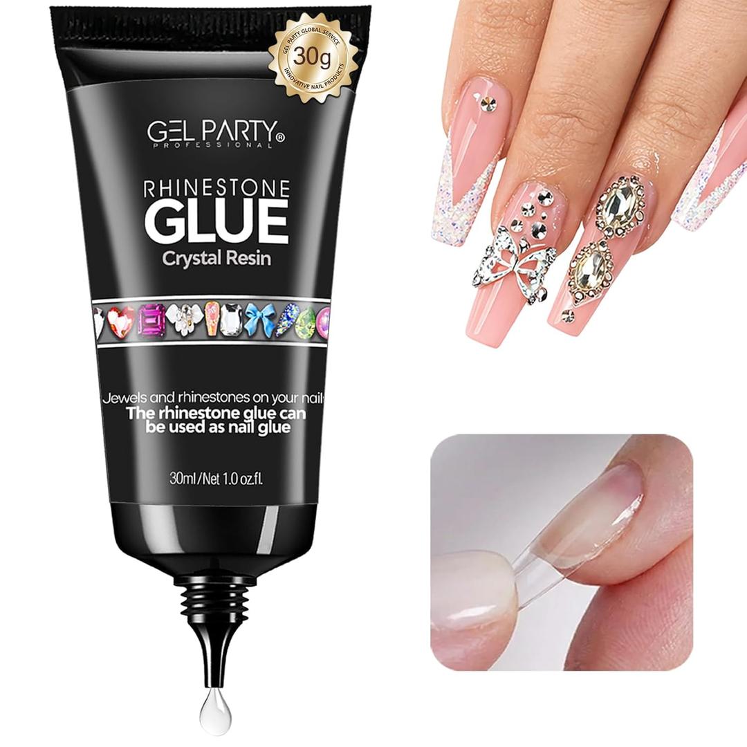 GELPARTY 4-in-1 Nail Glue Gel for Nail Tips, Acrylics & Press Ons - 30ml Super Strong Adhesive for Rhinestones, Diamonds & Gems - Long Lasting UV Gel Glue