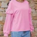 Fisoew Womens Crewneck Sweatshirts Fall Casual Ruffle Long Sleeve Roll Hem Loose Cropped Pullover Tops (Pink)