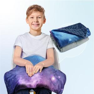 Solfres Small Weighted Lap Pad Blanket Throw for Kids Boys Teens 20in x 23in 5 Lbs - Sleep Therapy Plush Travel Size with Removable Cover, Galaxy Space Stars, Washable, Dark Blue (20"x 30" 5lbs, Purple Blue/Blue (With Removable Cover))