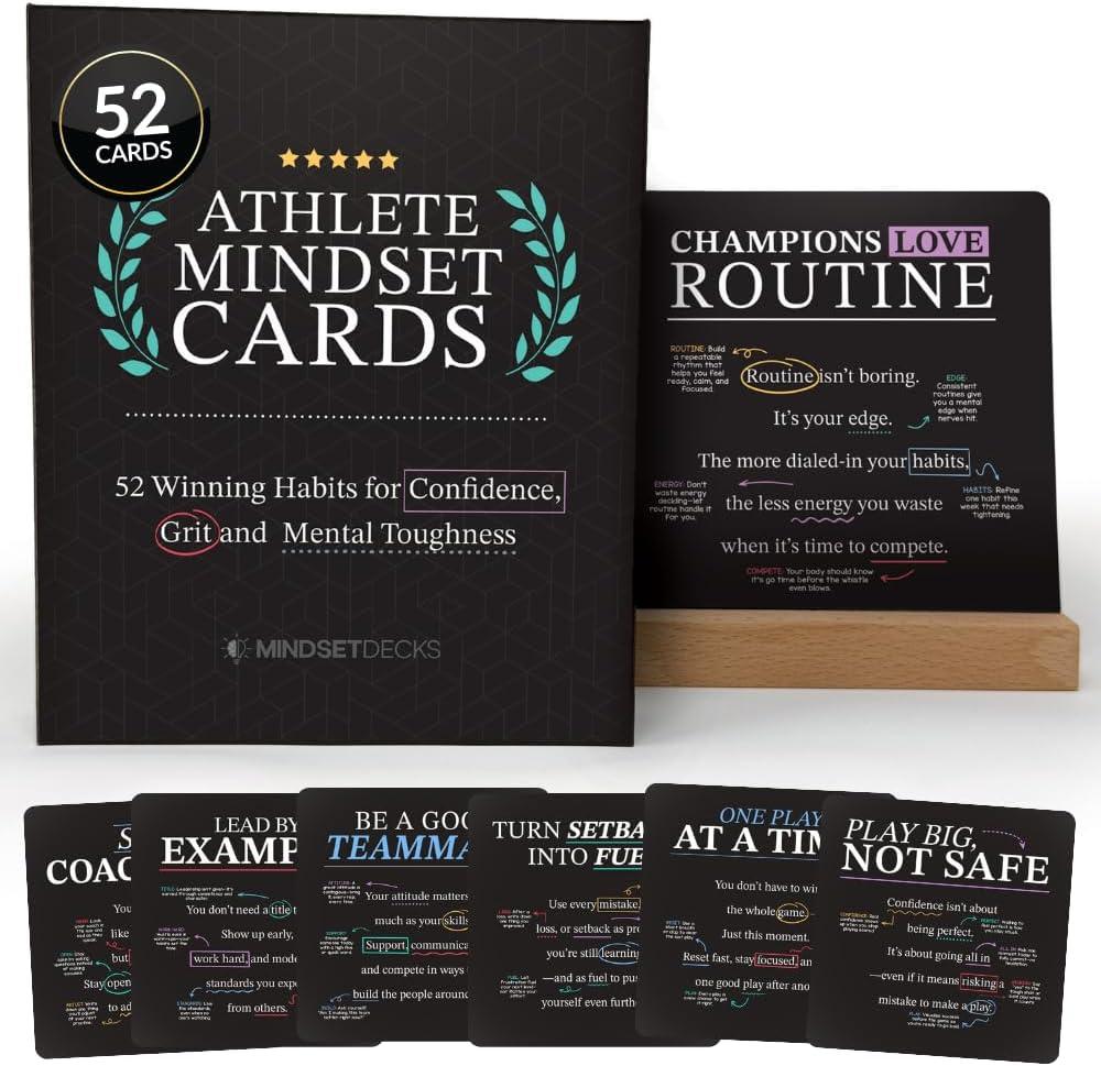 Athlete Mindset & Motivation Cards – 52 Winning Habits for Confidence & Mental Toughness – For Athletes, Coaches & Parents – Includes Wooden Display Stand, Gift for Athletes & Coaches