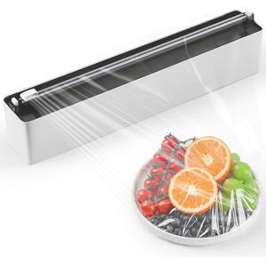 Quasziwa Magnetic Plastic Wrap Dispenser with Cutter - Practical Refillable Aluminum Tin Foil and Plastic Wrap Organizer for Drawer, Including an Extra Roll of 12"X 164' Food Cling Film - Black (14.17*2.6*2.44 IN)
