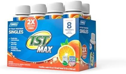 Camco TST MAX RV Toilet Treatment - Formaldehyde Free - Breaks Down Waste And Tissue - Septic Tank Safe - Treats up to 8-40 Gallon Holding Tanks -Orange Scent, (6) 4 oz Bottles (41191)