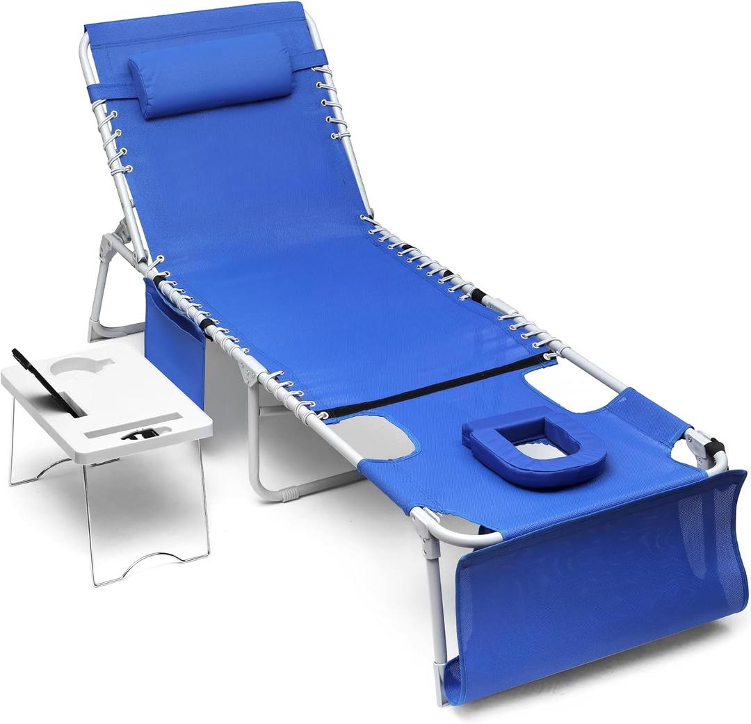 Yestomo 3-in-1 Sun Tanning Chair with Face Holes, Breathable Chaise Lounge Chair Outdoor, 5-Position Recliner, Lay Flat, Folding Side Table, Removable Pillow, Max 330lbs, Beach, Patio, Camping, Blue