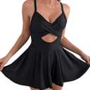 B2prity Women's Swim Dress Tummy Control One Piece Swimsuit with Skirt | Modest bathing suit with skirt,Slimming Swimdress,Adjustable Tie Back,Built-in Safety Brief,Push Up Non-removable Pads (Black), Size: Medium