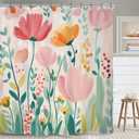 Yookeb Pink Green Flower Bathroom Shower Curtain 60W by 71H Inch Watercolor Botanical Spring Blush Cute Plant Polyester Fabric 12 Plastic Hooks Waterproof Decor