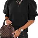 Women's Puff Short Sleeve Sweater Tops 2025 Spring Summer Trendy Crew Neck Casual T Shirts Blouses (XX-Large, Black)