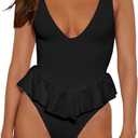 HYPERFIRE Women's Cheeky One Piece Swimsuit Deep V Neck Tummy Control High Cut Bathing Suit (Large, Black)
