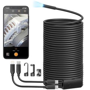 Anykit Endoscope Camera with Light, 1920P HD Borescope with 8 Adjustable LED Lights, Semi-Rigid Snake Camera with Light, IP67 Waterproof Inspection Cam for iPhone & Android, 50 ft Single Lens