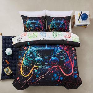 A Nice Night Boys Queen Size 5-Piece Game Console Comforter Set, for Kids Teen 3D Colorful Background Space Universe Gamepad Gaming Printed Matching Sheet Sets