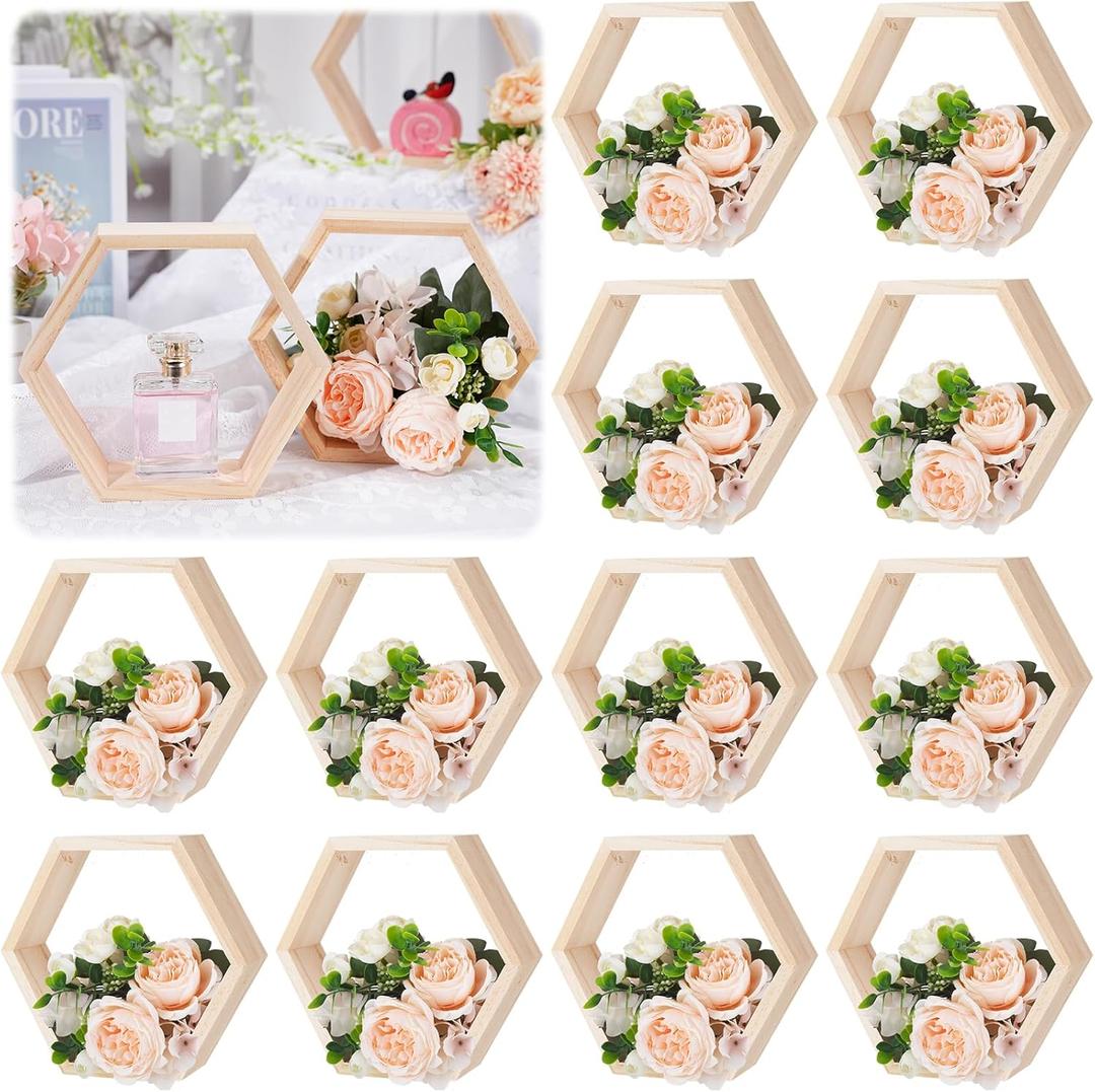 Barydat 12pcs 8inch Hexagon Shelves Wedding Table Decor, Wood Color, Medium