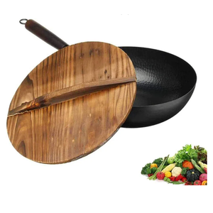 Non-Stick Pan 32cm Handmade Chinese Iron Frying Pan No-Coating Kitchen Wok Skillet Kitchen Cooking Tools Glass/Wood Lid Cookware,B,A