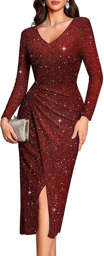Bbonlinedress Women Sequin Long Evening Prom Cocktail Dress Maxi Split Glitter Sparkly Formal Wedding Guest Dress (Red, L)