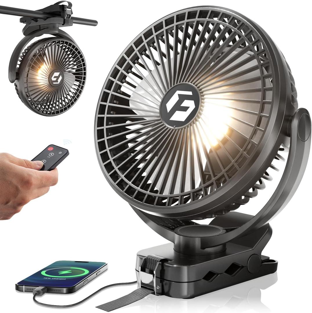 FRIZCOL 24000mAh 8 Inch Portable Clip On Fan, Battery Operated Golf Cart Fan with Lights and Remote, USB Fans Small Desk Fans Personal Quiet Fans for Office Stroller Bedroom and Camping (Black)