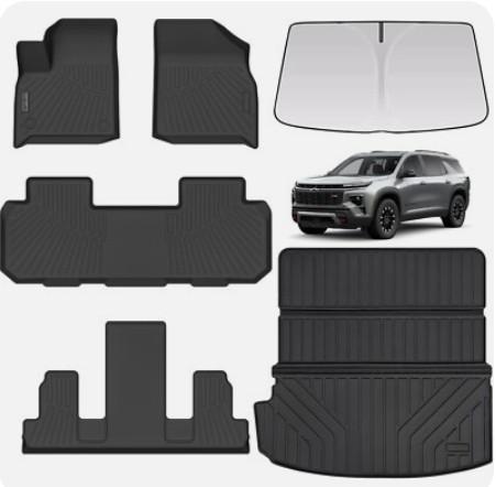 LJWAITO Floor Mats & Large Cargo Liners & Sun Visor for 2018-2022 2023 Chevy Traverse 7 Seats-2nd Row Bucket Seat，Car Floor Liners with Trunk mat with Windshield Sun Shade for Chevrolet Traverse