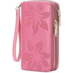 GOIACII Women's Wallet Large Capacity Double Zip Ladies Card Phone Holder RFID Blocking Wristlet Leather (A12 Barbie Pink)