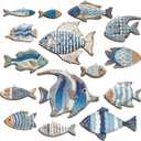 Spiareal 15 Pcs Wood Fish Nautical Wall Decor Wooden School of Fish Wall Art Rustic Hanging Beach Decor Ocean Coastal Theme Vintage Ornaments for Summer Home Lake House Bathroom Bedroom(Charming)