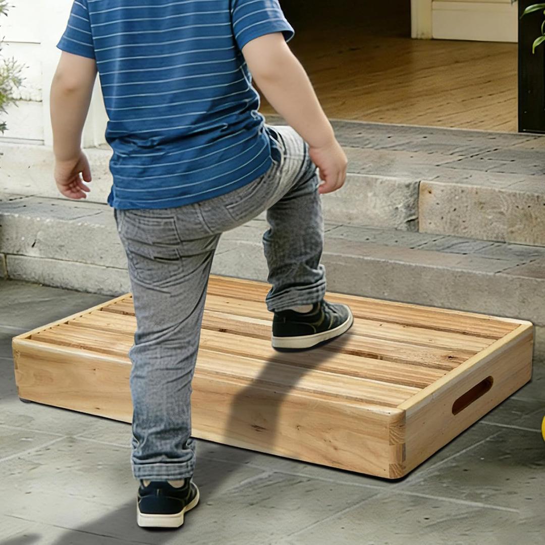 Wooden One Step Stool,Teakwood Indoor Stepping Stools for Elderly/Chirld/Seniors,Adults Non Slip Outdoor Platform with Carved Grooves & Handles for High Bed Riser, Bedroom,Bathroom, Kitchen, Garden