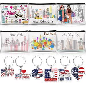 6 Sets New York Souvenir Gifts Include 6 Pcs New York Cosmetic Bag and 6 Pcs Metal Keychain for Women Traveler Christmas Party Gifts