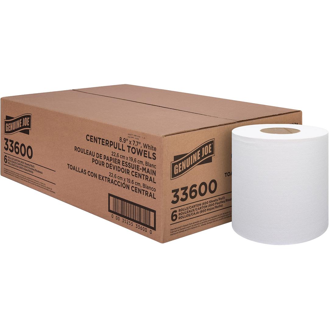 Genuine Joe Centerpull Towels, 3" Core, 1-Ply, 8.13" x 7.56", 600 Sheets/Roll, 6 Count