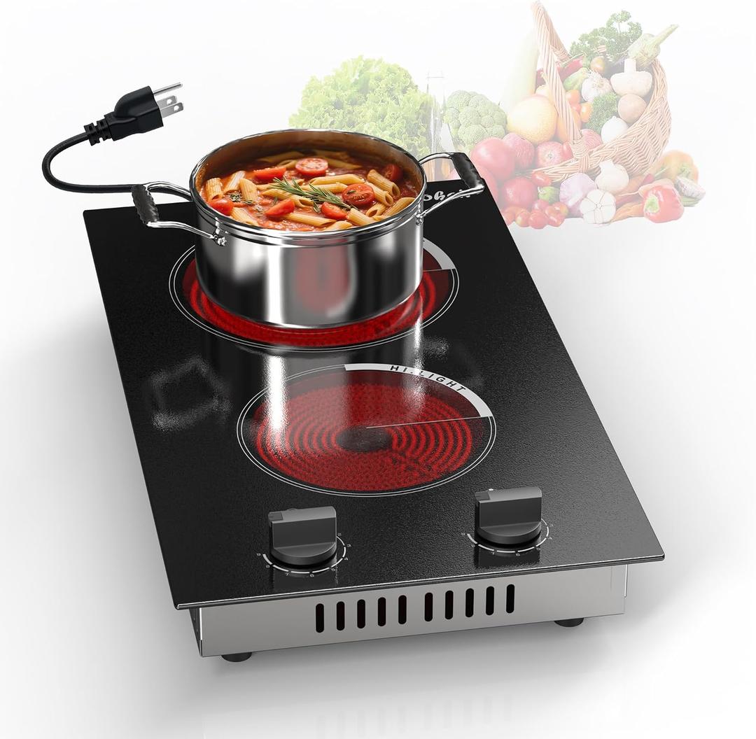 2 Burner Electric Cooktop - 110v Countertop and Built-in Electric Stove 2000W, 12 Inch Ceramic Stove with Residual Heat Indicator, Over-Temperature Protection, Knob Control, 110-120V Plug in