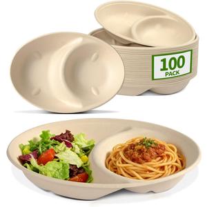 2 Compartment Bowls Disposable 100 Pack, Chip and Dip Bowl Disposable Divided Bowls for Chips and Salsa Serving