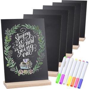 Vintage Wooden Mini Chalkboard Signs - Set of 6 | 6 x 9 Inch Tabletop Chalkboard Sign with Base Stands | Decorative Small Message Chalk Board Sign with 7 Watercolor Pens