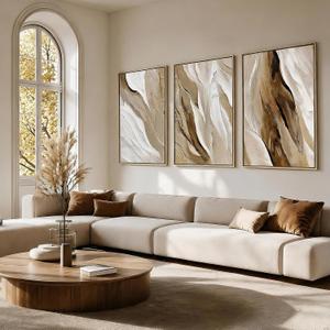 Neutral Beige Abstract Wave Wall Art Large Modern Canvas Artwork for Walls, 24" W x 36" H x 3Pcs