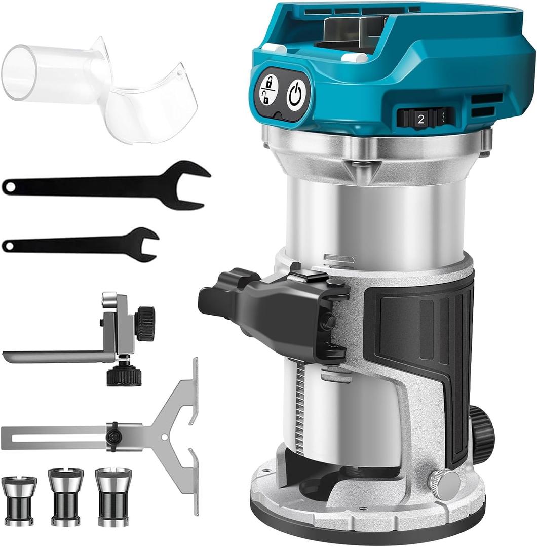 ZUYIYI Cordless Compact Wood Router for Makita 18V Battery(Bare Tool), Carving 1/4" Collet Brushless Palm Router 28000RPM 6-Speeds Fixed Base Trim Router with Edge & Roller Guide, Dust Hood