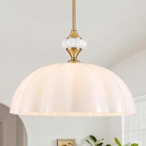 15.8" Vintage Milky White Glass Pendant Light, Floral Shaped Glass Chandelier with Adjustable Gold Rod, Modern Farmhouse Pendant Lighting for Kitchen Island Dining Room Bedroom Foyer, E26 Base
