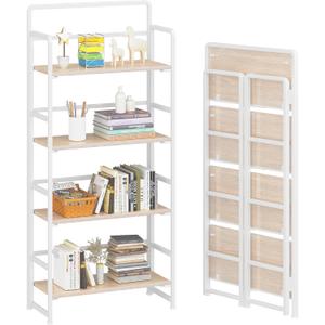 4NM No-Assembly 4 Tiers Folding Bookshelf Storage Shelves Vintage Bookcase Standing Racks Study Organizer Home Office (Natural and White)