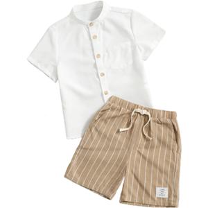 Verdusa Toddler Boy's 2 Piece Outfits Linen Set Striped Short Sets Button Up Shirt and Shorts Clothes Sets Size 5Y