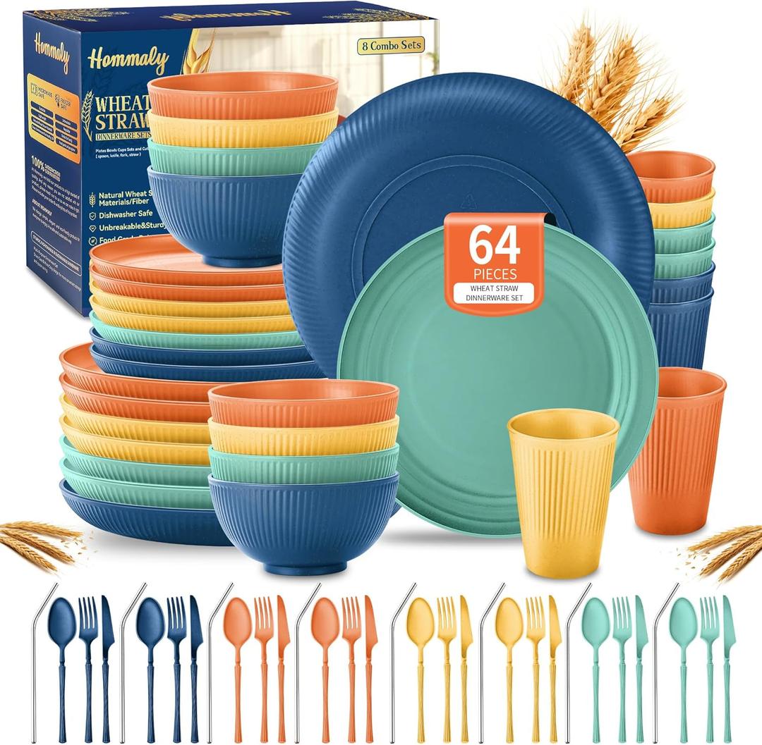 Wheat Straw Dinnerware Sets,64-Piece Plates and Bowls Sets for 8-Unbreakable,Reusable Plastic Dish Set-Dinner Plate/Dessert Plate/Cereal Bowl/Cup/Utensils-Dishwasher Safe 64P-JadePeak Lake Sunset