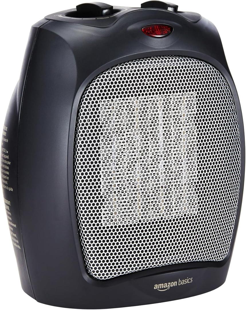 Amazon Basics Ceramic Space Heater, Portable Indoor Heating Solution, With Overheat and Tip-Over Protection, Thermostat, Non-Oscillating, 1500W, 7.52"D x 6.34"W x 9.45"H, Black
