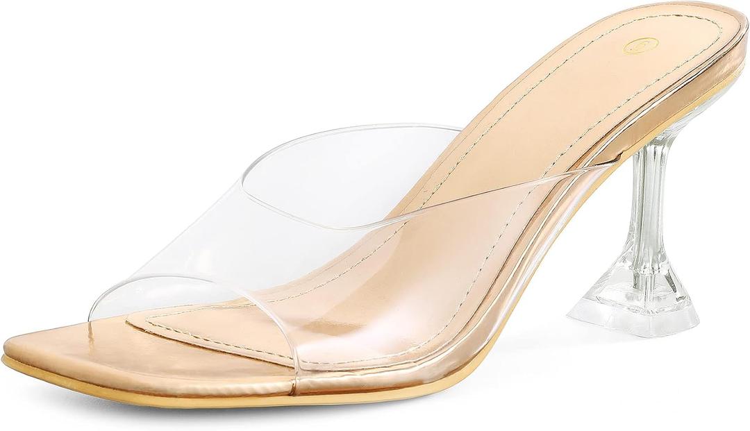 mysoft Women's Clear Heeled Sandals Square Toe Transparent Stiletto Mules Open Toe Slip on Dress Shoes, 7M