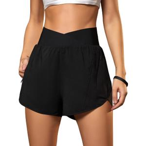 Blooming Jelly Women's Workout Shorts Athletic Running Shorts Crossover High Waisted Gym Shorts with Zipper Pockets (Black, M)
