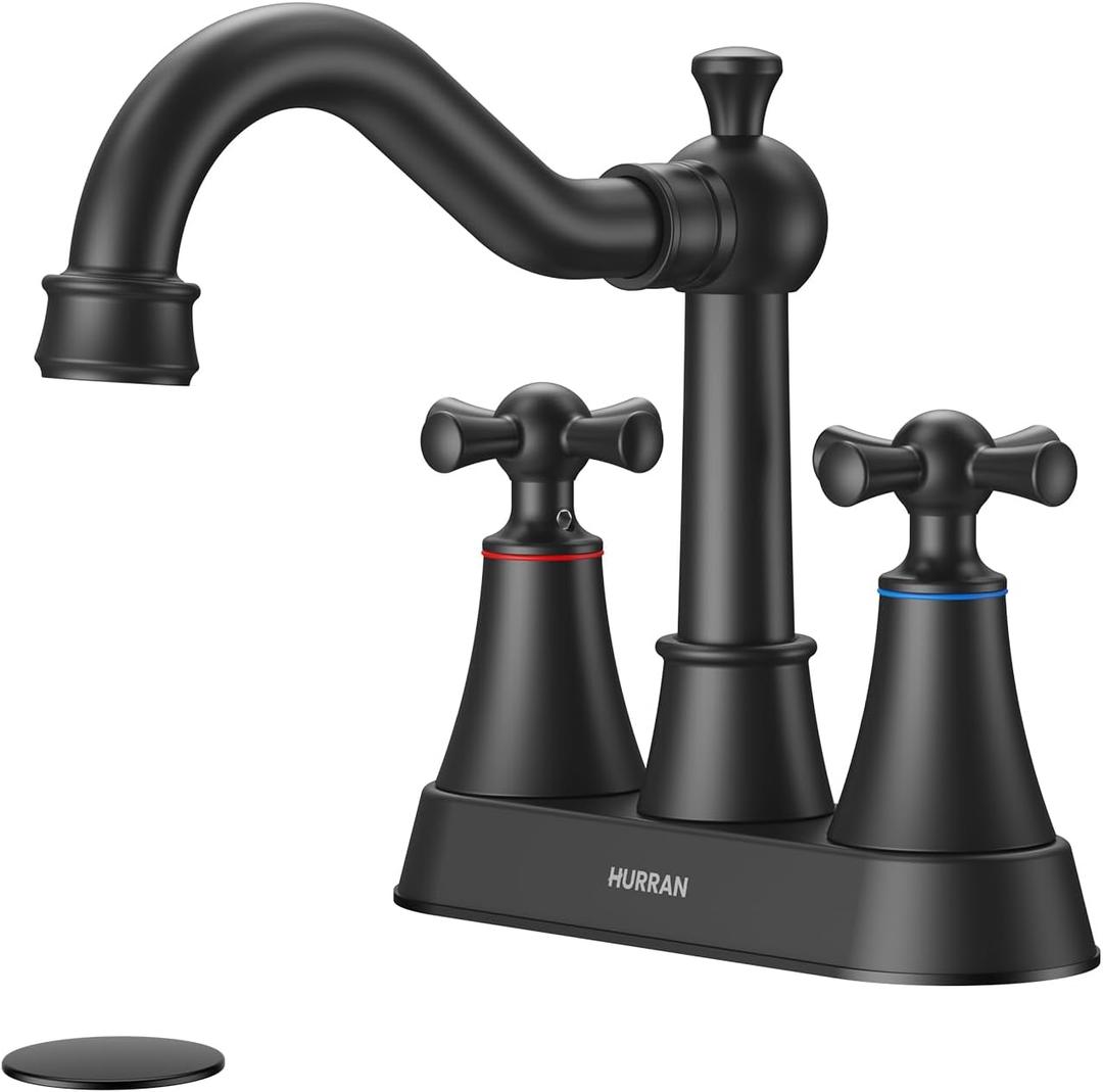 Hurran 4-inch Centerset Matte Black Classical Bathroom Faucet, 2 Handles for 2 or 3 Hole Sink with 360 Swivel Spout, Pop Up Drain Assembly and Supply Hose for Vanity Sink Lavatory Faucet