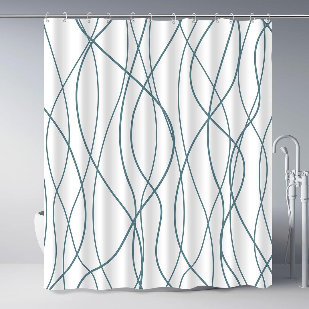 Punkray Lake Blue Shower Curtain for Bathroom with Hooks, Extra Long Shower Curtain Set Stripe Shower Curtains, Weighted Hem Water Repellent Washable, 72 x 72