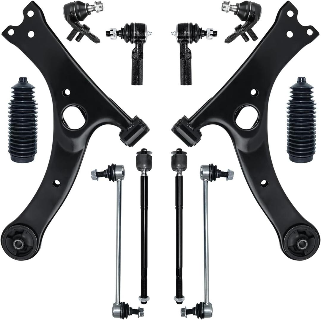 12 PCS Front Lower Suspension Kit Control Arm Ball Joint Sway Bar Stabilizer Link Outer & Inner Tie Rod Rack and Pinion Bellows Replacement For 2009-2013 Toyota Corolla Matrix
