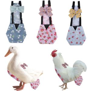 MANON ROSA Chicken Diapers Bantam Hens - Reusable 3-Piece Set with Bow Ties Poultry Nappies Washable Waterproof for Geese Pet Ducks Silkie (Floral S)