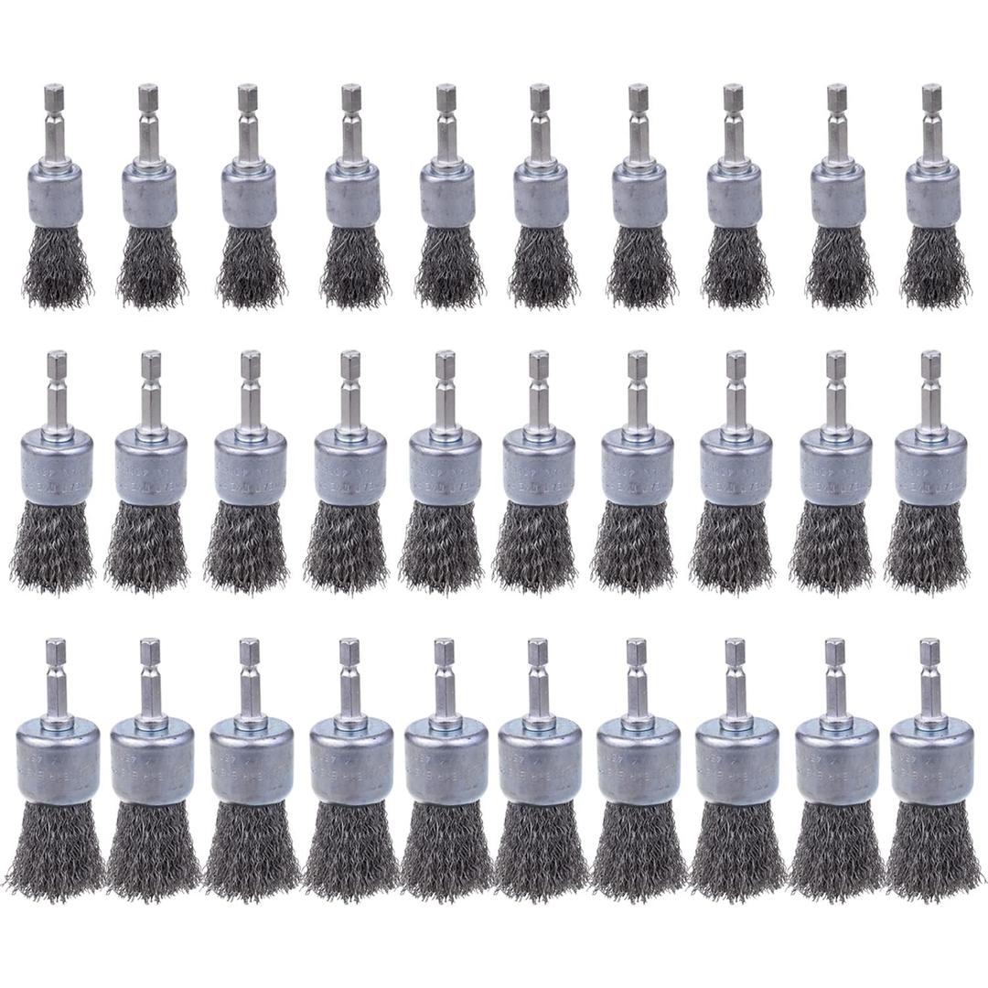 Rocaris 30 Pack Carbon Steel Wire Wheel Brush with 1/4-Inch Hex Shank, Pen Brush, for Rust Removal, Corrosion and Scrub Surfaces, 3 Sizes