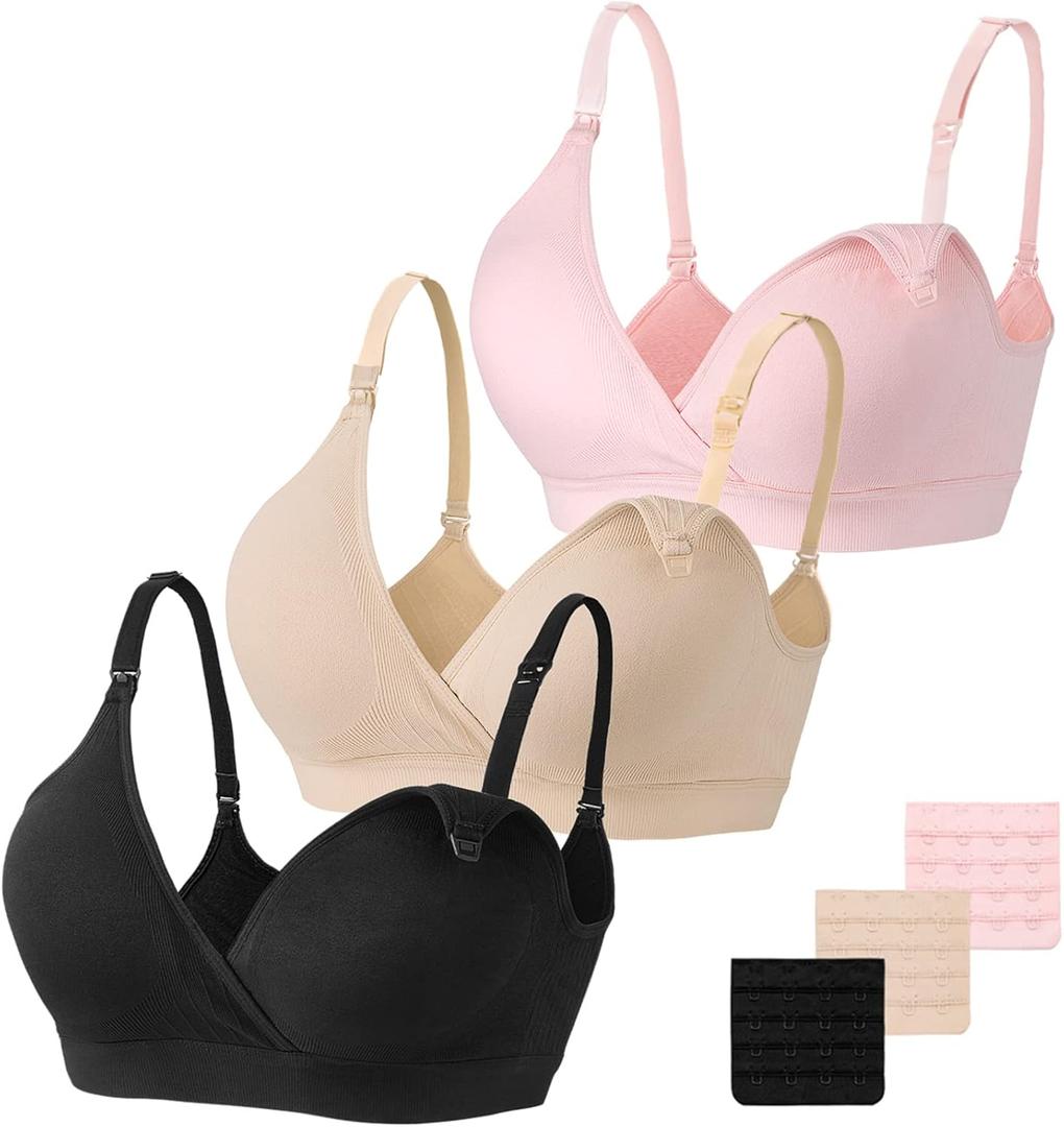 Vinfact 3 Pack Nursing Bras for Breastfeeding Seamless V Neck Maternity Bra Women Pregnancy Breastfeeding Bra (XX-Large, Black/Nude/Pink)