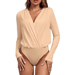 Vrtige Women's Wrap V Neck Long Sleeve Pleated Bodysuit Leotard Top, Small