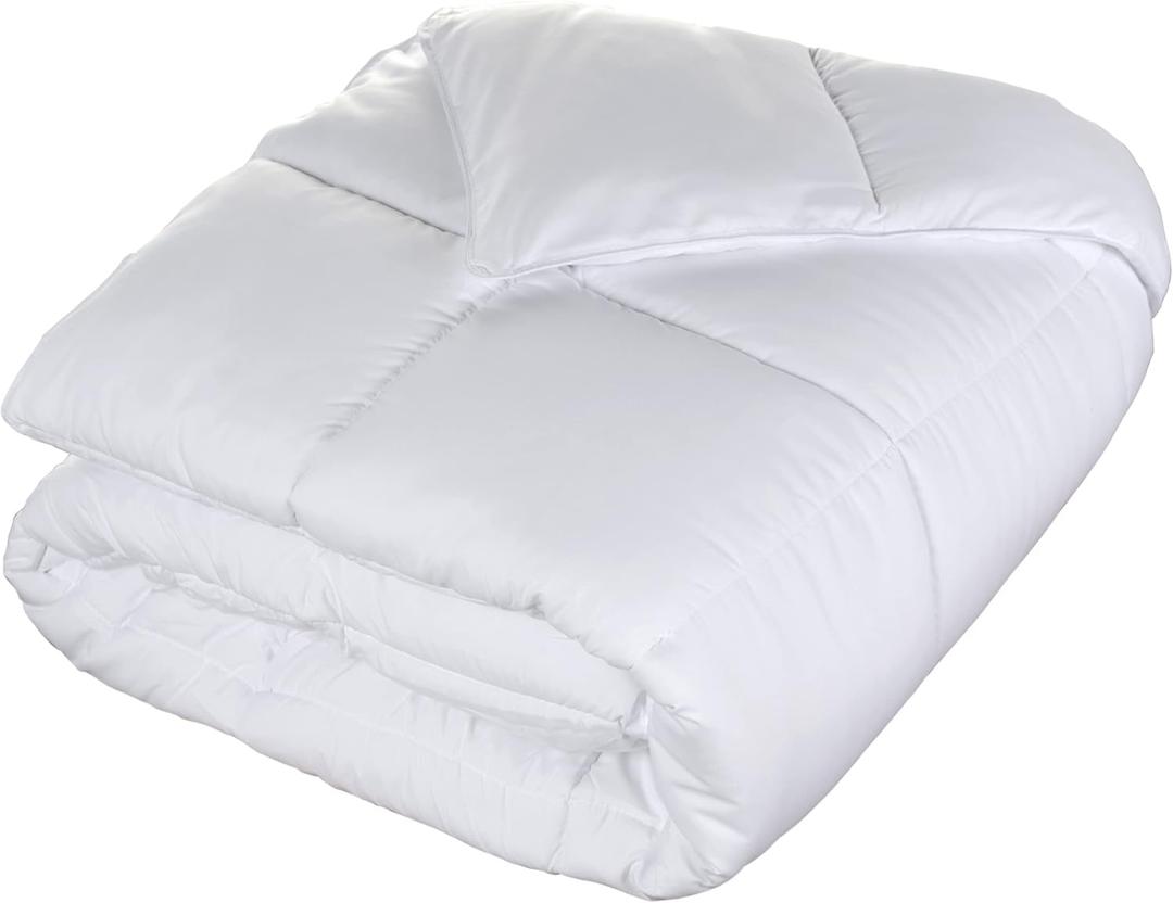 Superior Brushed Microfiber Solid Comforter, Down Alternative Bedding, Reversible, Medium Weight, Fluffy, Decorative, Duvet Insert, Oversized Blanket, Box Quilt Design, Queen, White