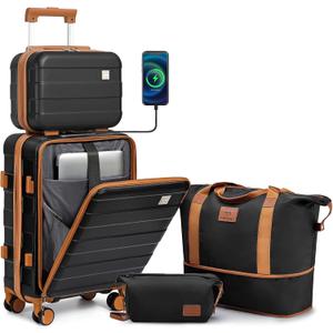 imiomo Carry on Luggage Airline Approved with Front Pocket and USB Port, Hard Shell 20 Inch Travel Carry-on Suitcase with Spinner Wheels and TSA Lock, Black Brown, 4 Piece Set