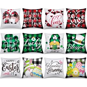 Preboun Set of 12 Holiday Pillow Covers 18 x 18 Inch Valentine's Day St. Patrick's Day Easter Love Heart Clovers Bunny Eggs Cushion Case Home Buffalo Plaid Pillow Case for Happy Home Decor(Cute)